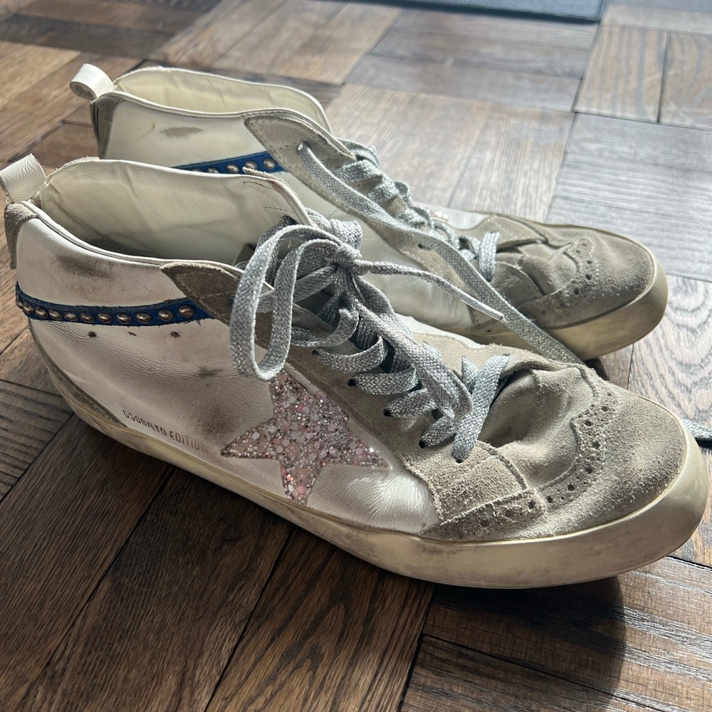 Golden Goose Mid-Star White, Beige & Pink Glitter High-Top Sneakers - Picture 7 of 10